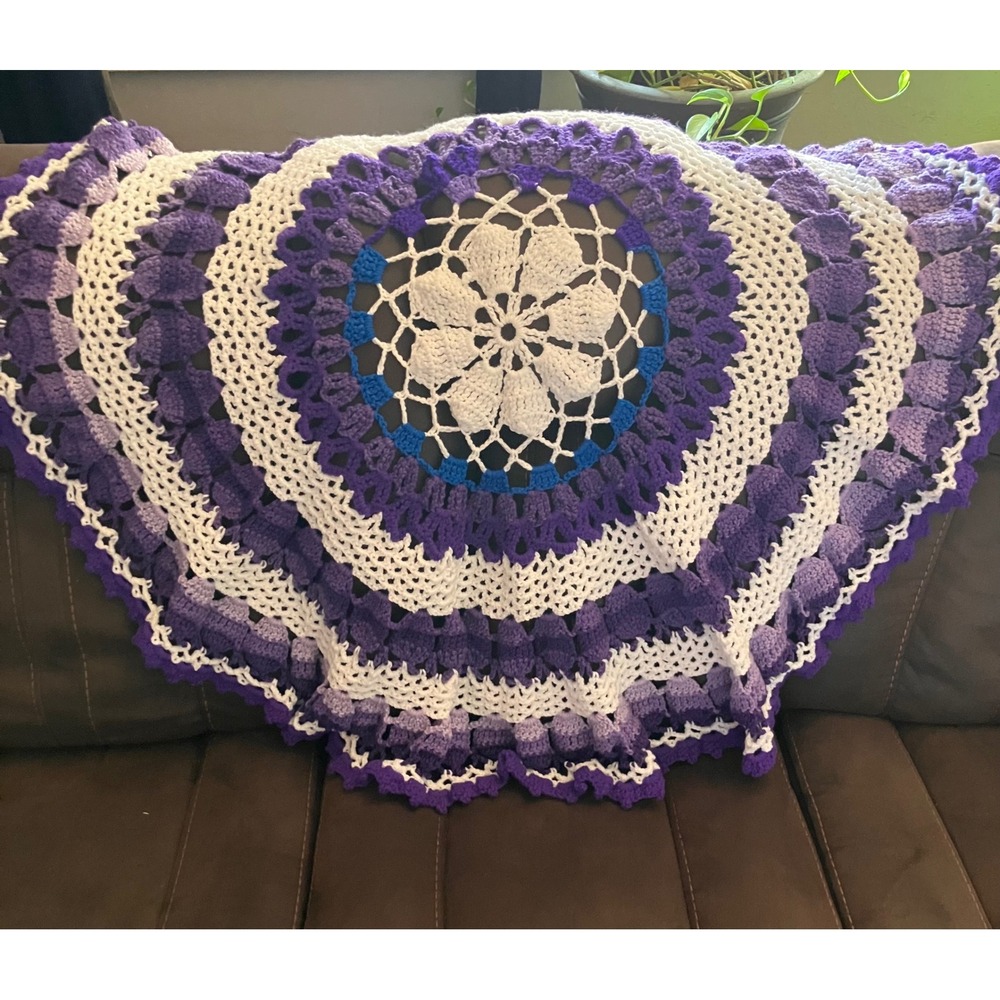Handmade Mandala Crochet Blanket Purple White Round Floral Mandala Throw
